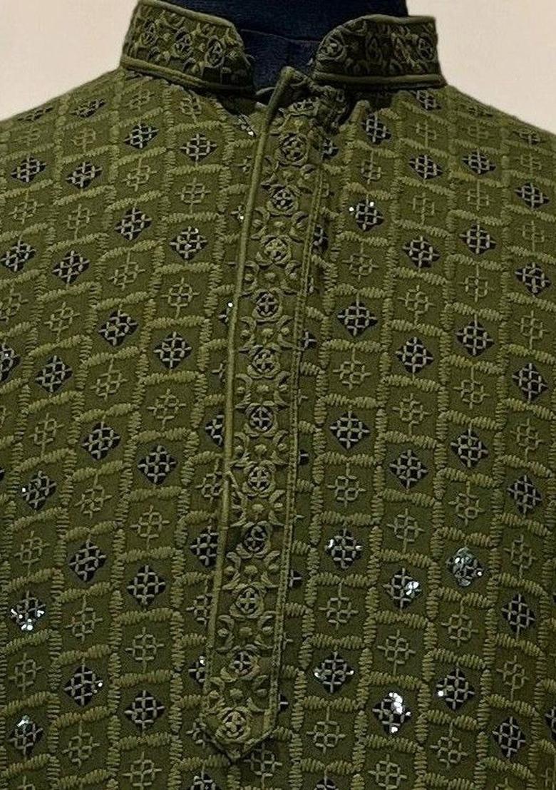 Olive Embroidered Silk Kurta Set For Men - Indya