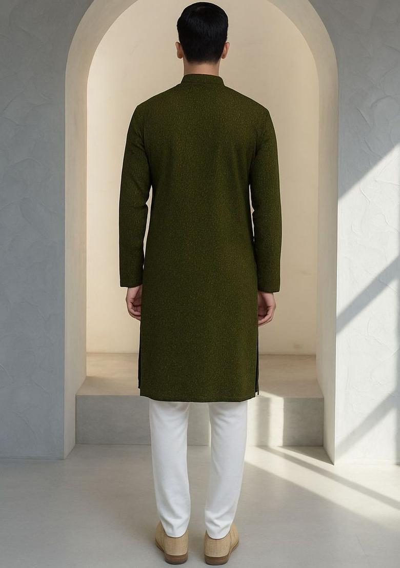 Olive Embroidered Silk Kurta Set For Men - Indya