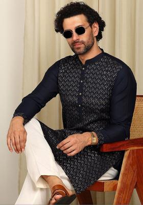 Navy Blue Woven Design Viscose Kurta Set For Men