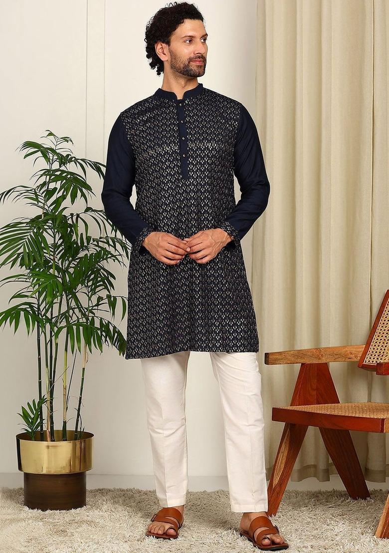 Navy Blue Woven Design Viscose Kurta Set For Men - Indya