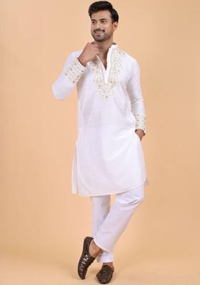 White Embroidered Silk Kurta Set For Men