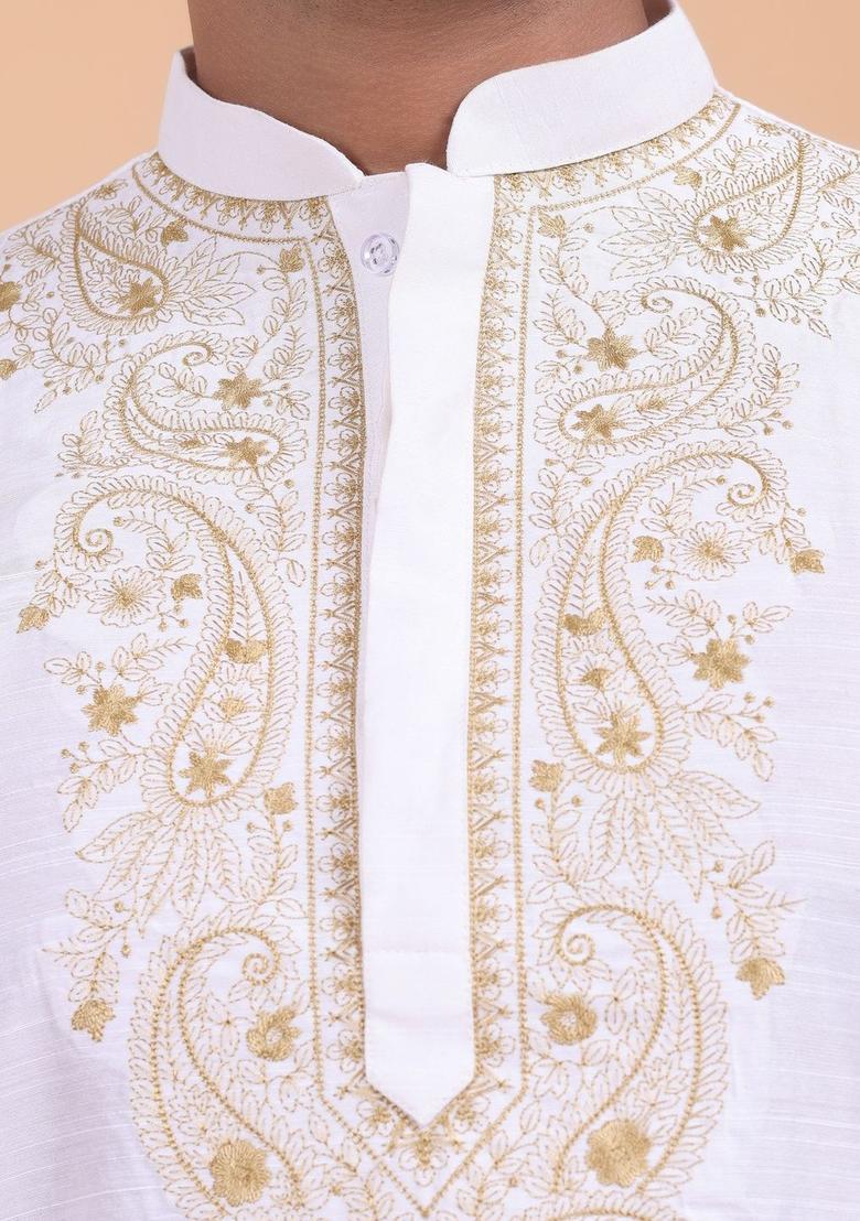 White Embroidered Silk Kurta Set For Men - Indya