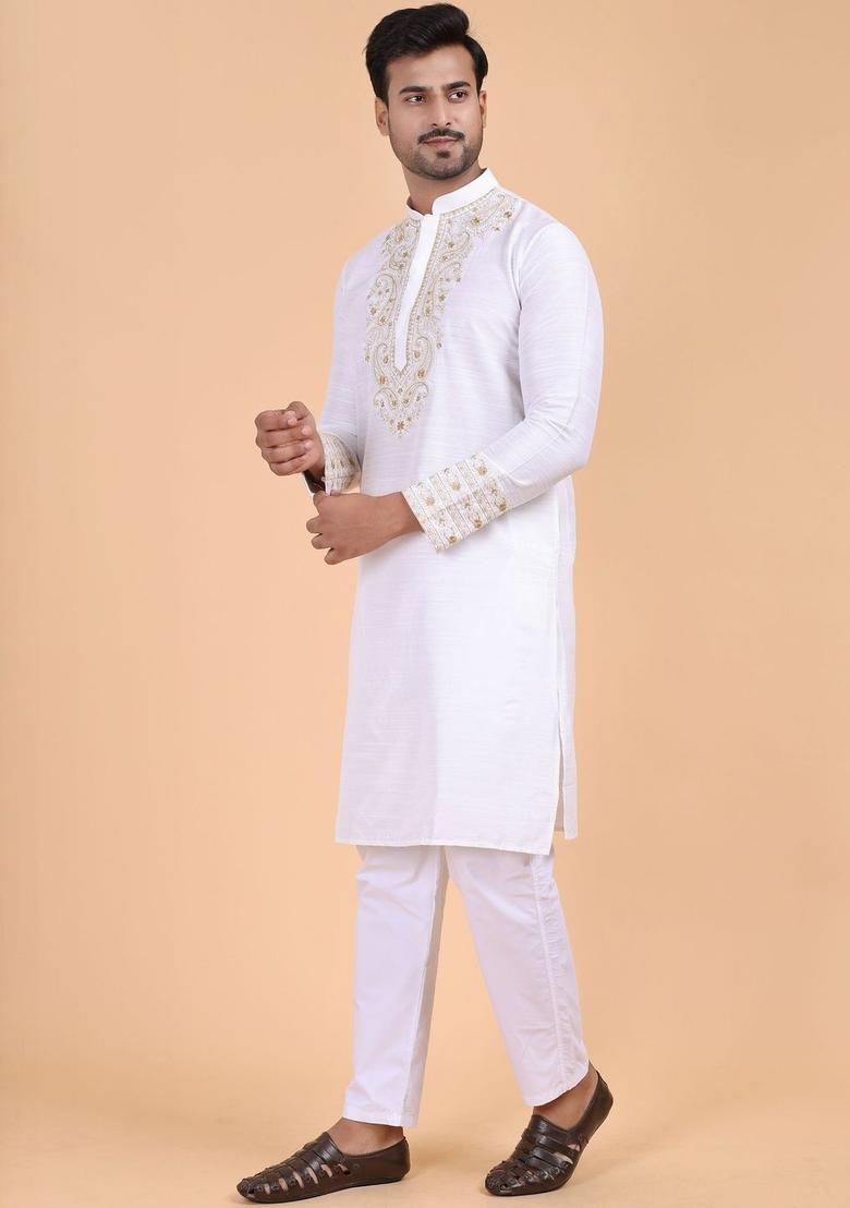 White Embroidered Silk Kurta Set For Men - Indya