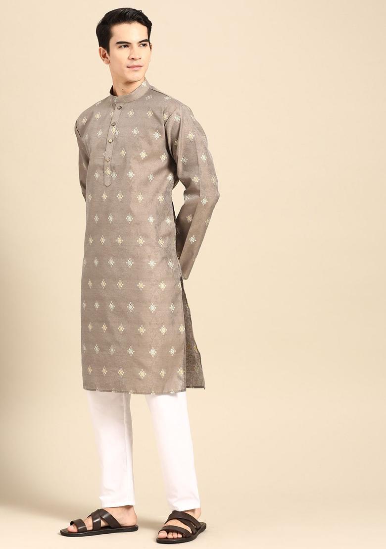 Brown Printed Cotton Kurta Set For Men - Indya