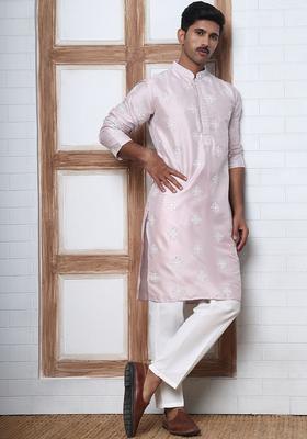 Pink Embroidered Silk Kurta Set For Men
