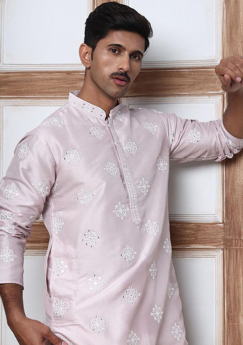 Pink Embroidered Silk Kurta Set For Men - Indya