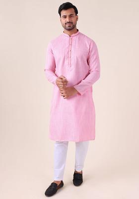 Pink Printed Silk Kurta Set For Men