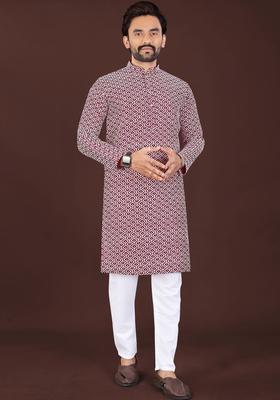 Maroon Printed Silk Kurta Set For Men