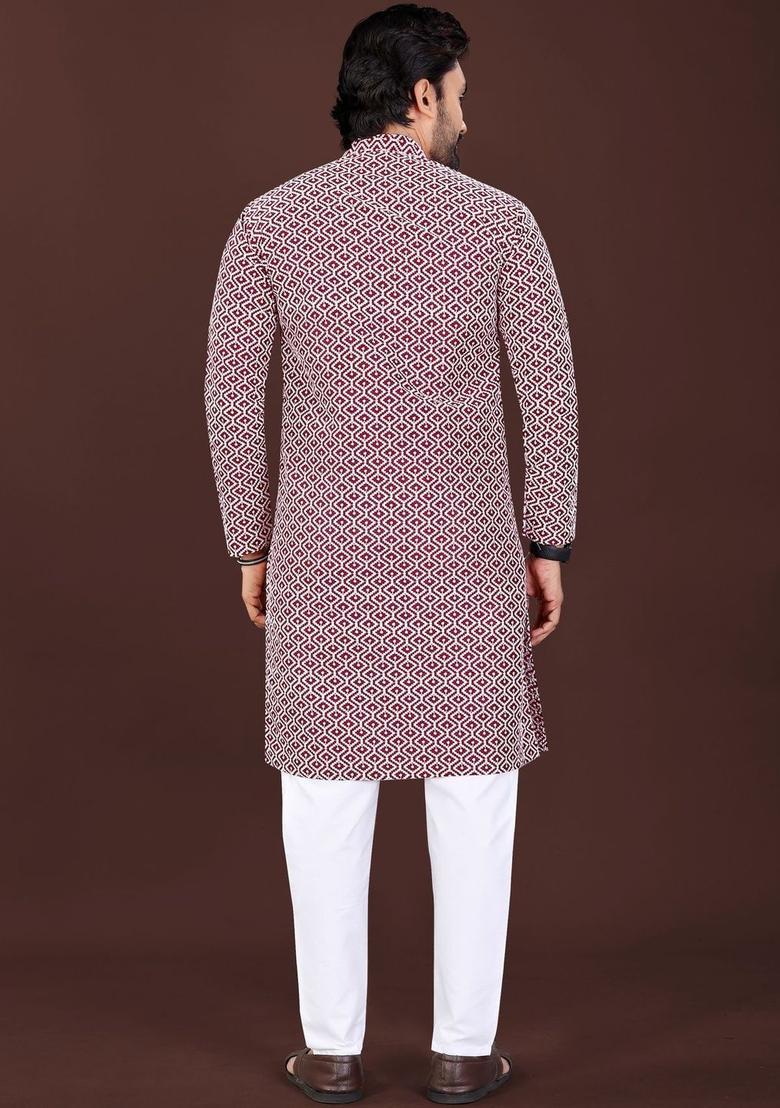 Maroon Printed Silk Kurta Set For Men - Indya