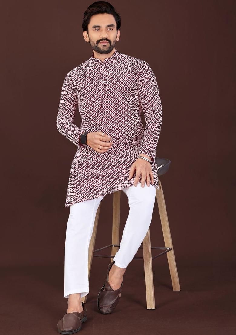 Maroon Printed Silk Kurta Set For Men - Indya