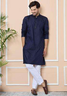 Blue Striped Viscose Kurta Set For Men