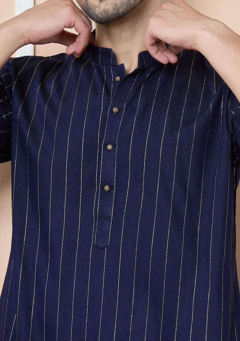 Blue Striped Viscose Kurta Set For Men - Indya