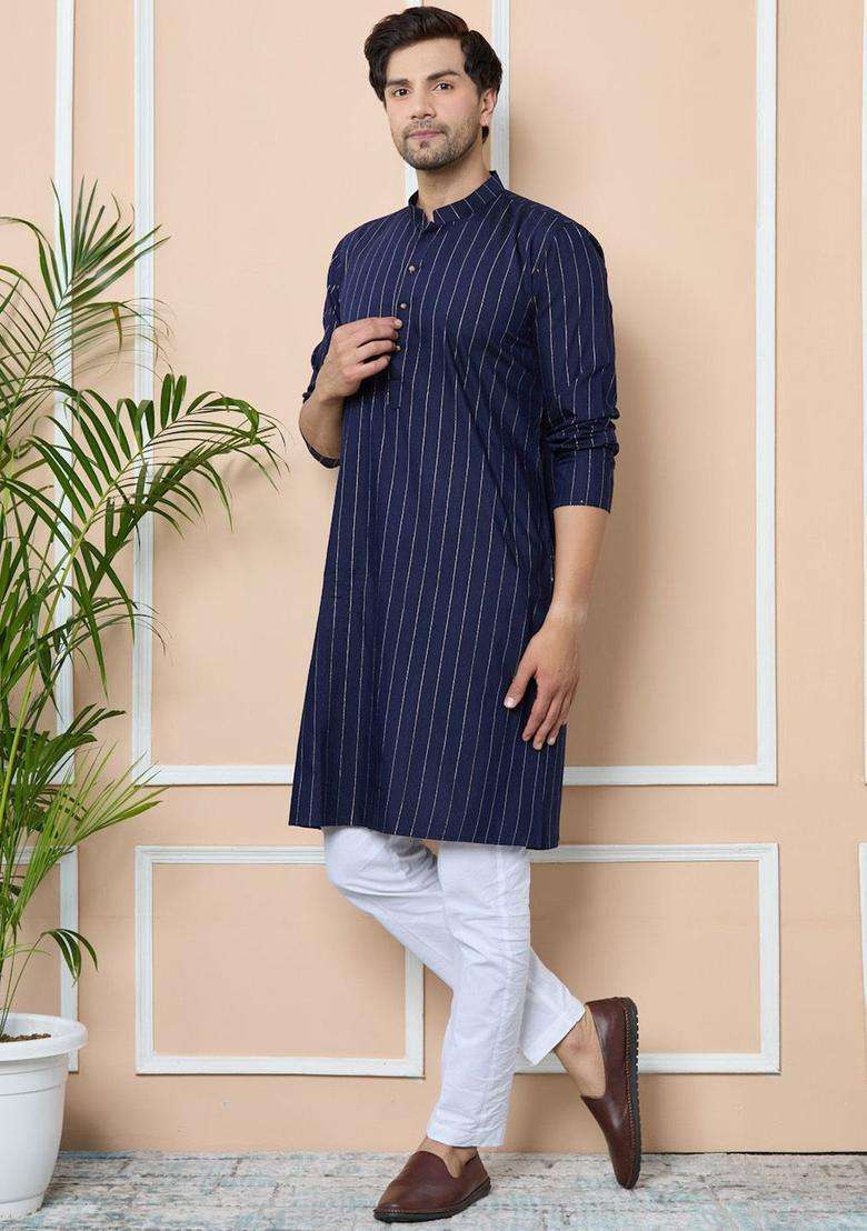 Blue Striped Viscose Kurta Set For Men - Indya