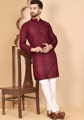 Maroon Embroidered Cotton Kurta Set For Men