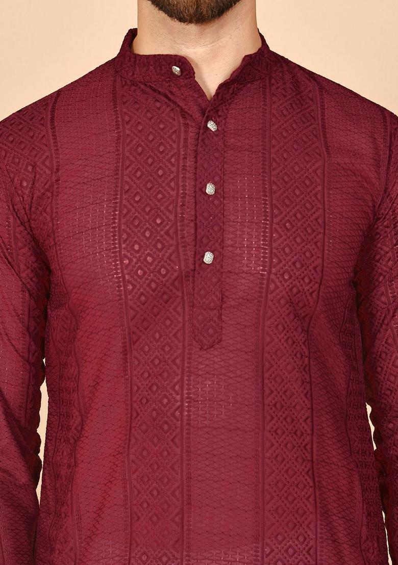 Maroon Embroidered Cotton Kurta Set For Men - Indya