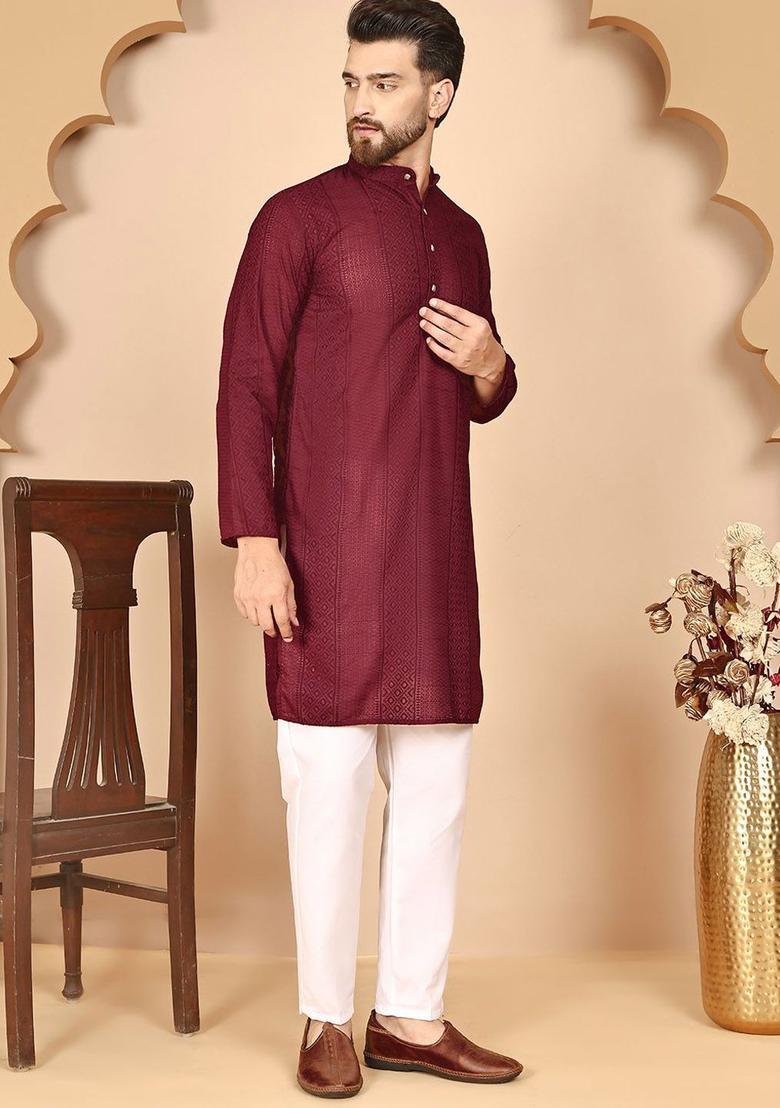 Maroon Embroidered Cotton Kurta Set For Men - Indya