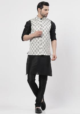 Black Printed Silk Kurta Set For Men