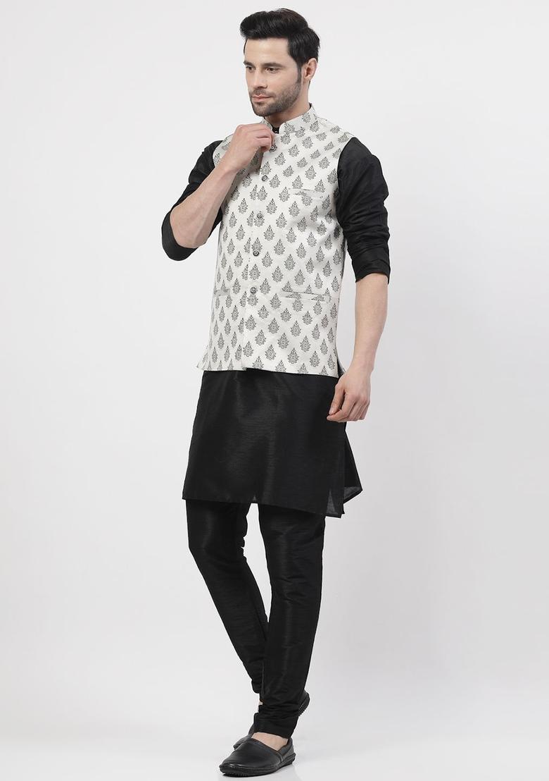 Black Printed Silk Kurta Set For Men - Indya