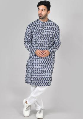 Navy Blue Printed Polyester Kurta Set For Men