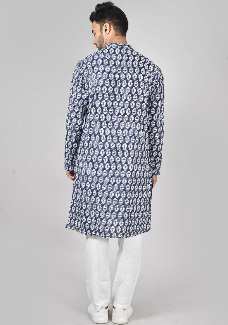 Navy Blue Printed Polyester Kurta Set For Men - Indya