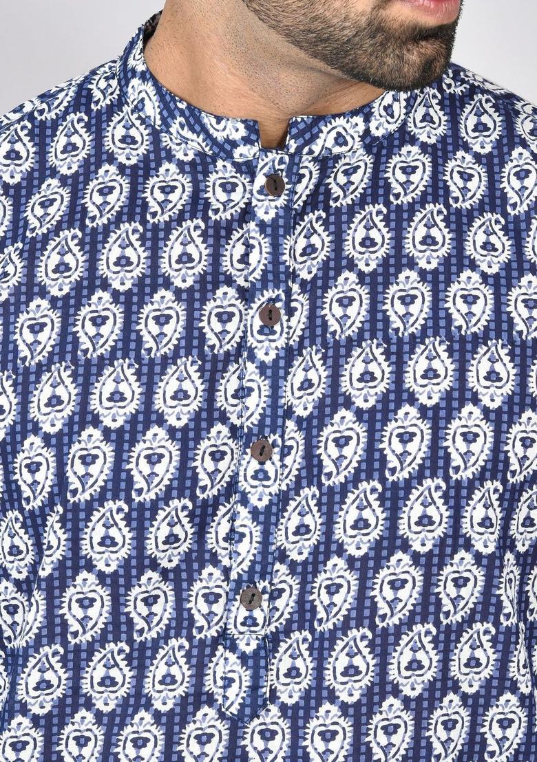 Navy Blue Printed Polyester Kurta Set For Men - Indya