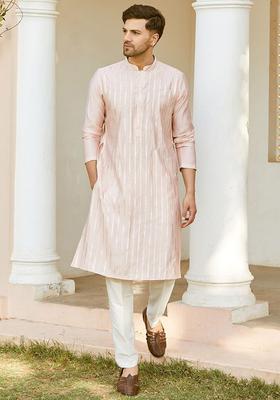 Pink Embroidered Silk Kurta Set For Men