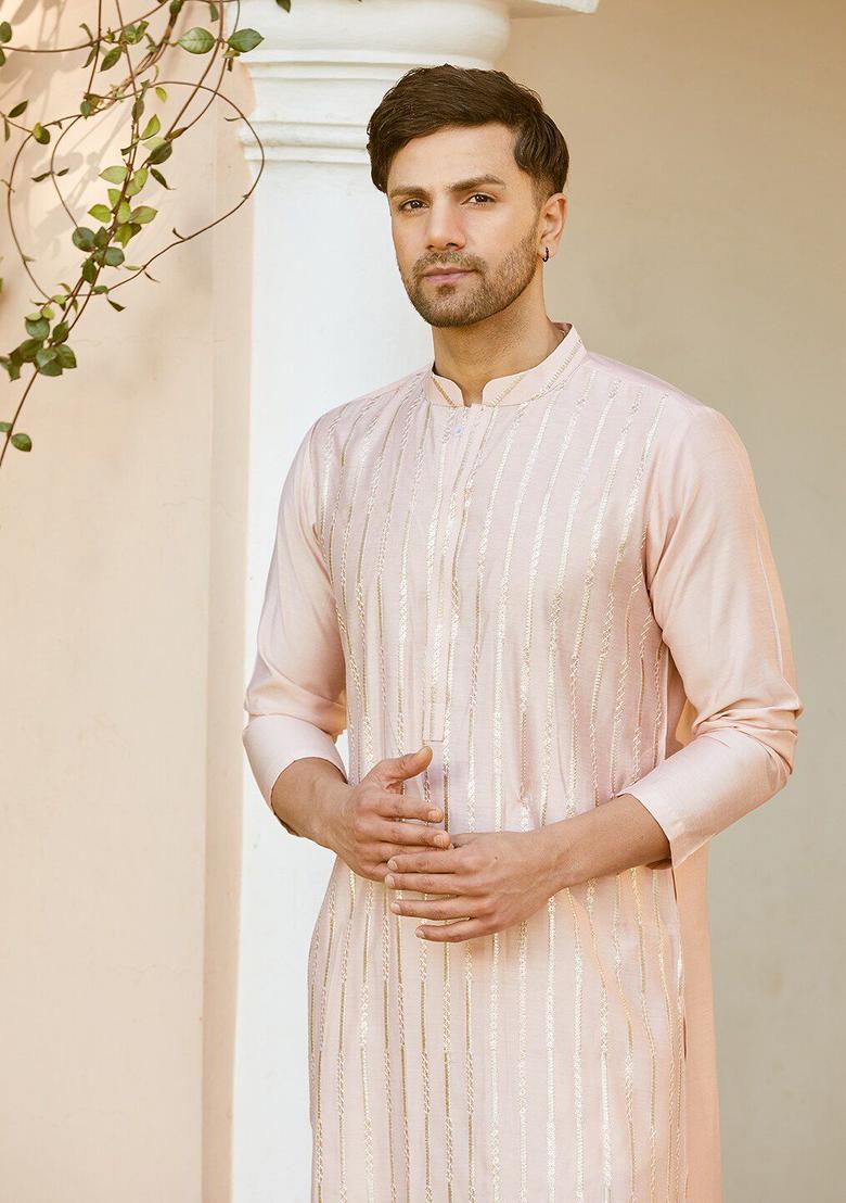 Pink Embroidered Silk Kurta Set For Men - Indya