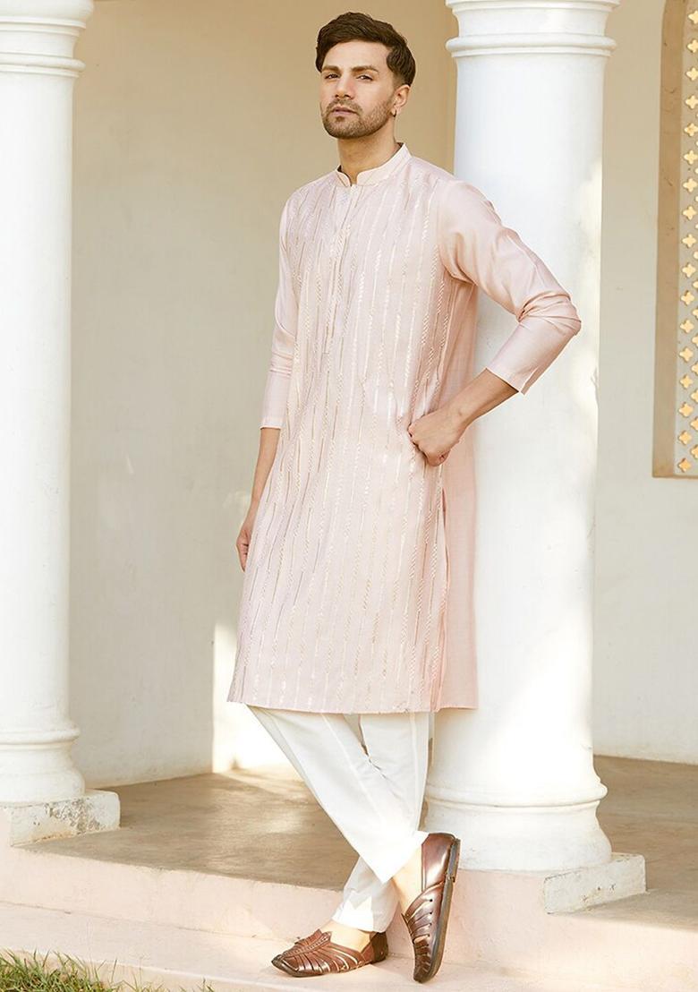 Pink Embroidered Silk Kurta Set For Men - Indya