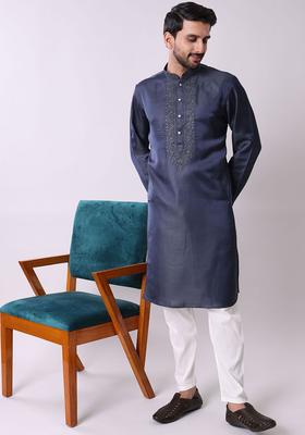 Navy Blue Embroidered Silk Kurta Set For Men