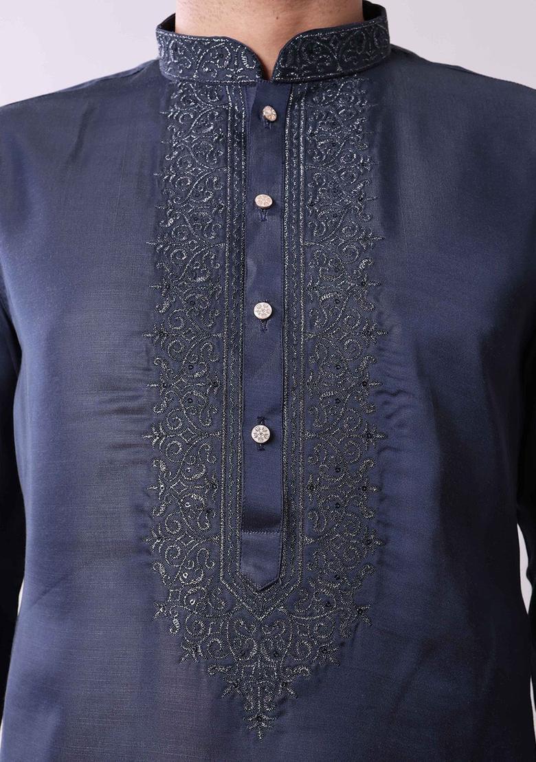 Navy Blue Embroidered Silk Kurta Set For Men - Indya