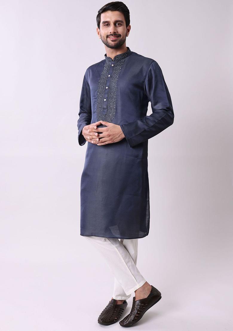 Navy Blue Embroidered Silk Kurta Set For Men - Indya