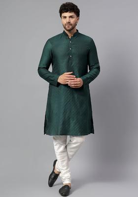 Green Self Design Silk Kurta Set For Men