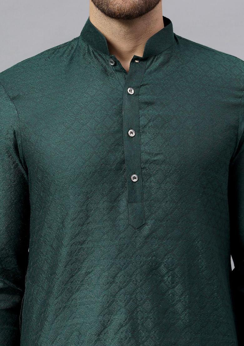 Green Self Design Silk Kurta Set For Men - Indya
