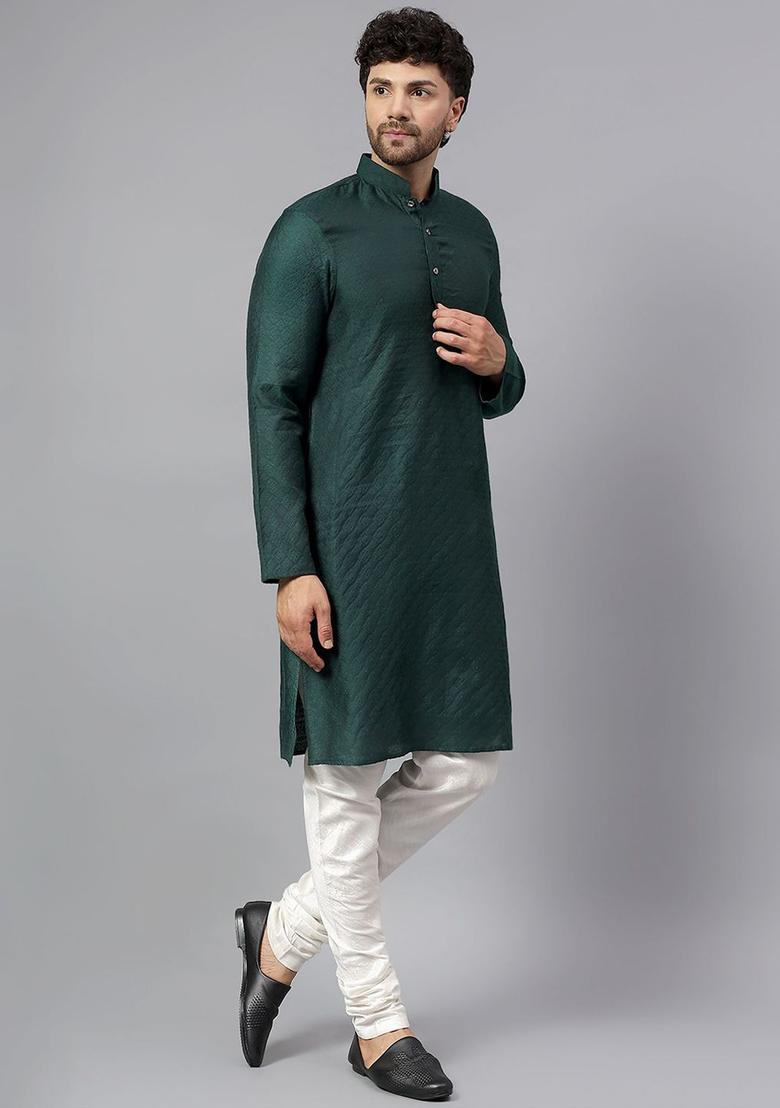 Green Self Design Silk Kurta Set For Men - Indya