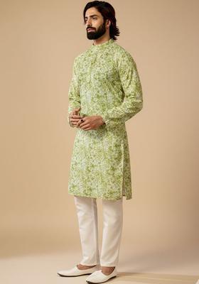 Lime Green Printed Silk Kurta Set For Men
