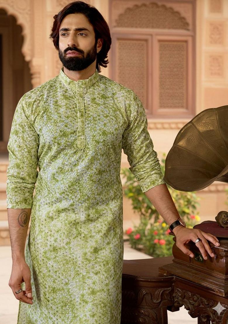 Lime Green Printed Silk Kurta Set For Men - Indya