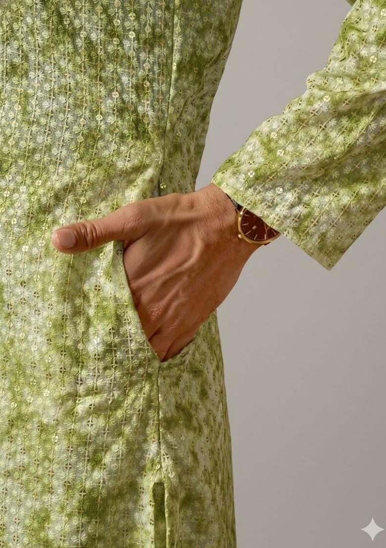 Lime Green Printed Silk Kurta Set For Men - Indya