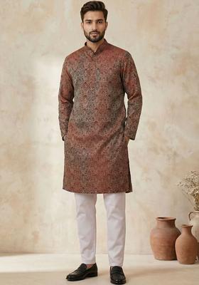 Maroon Woven Design Silk Kurta Set For Men