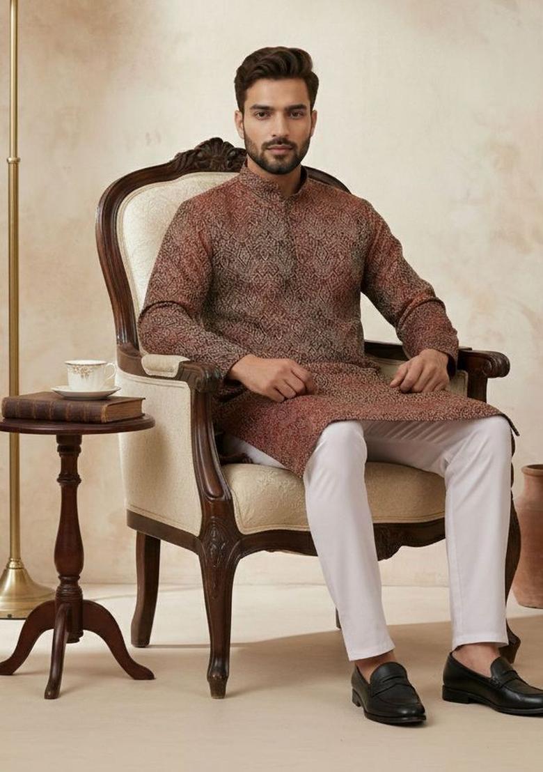 Maroon Woven Design Silk Kurta Set For Men - Indya