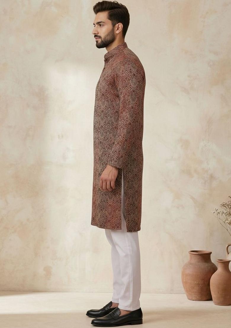 Maroon Woven Design Silk Kurta Set For Men - Indya