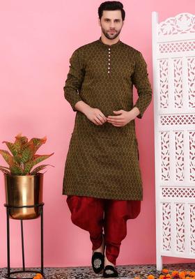 Olive Woven Design Cotton Kurta Set For Men