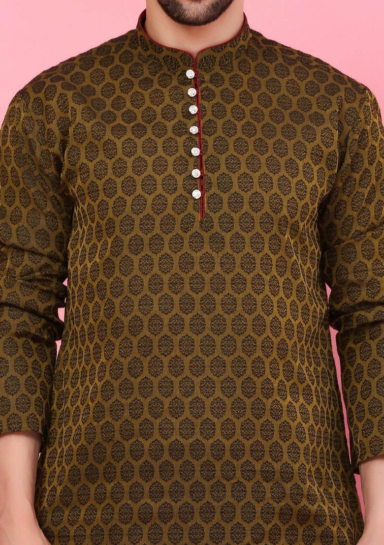 Olive Woven Design Cotton Kurta Set For Men - Indya