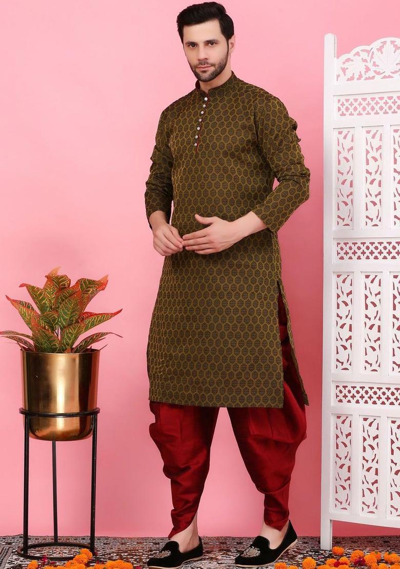 Olive Woven Design Cotton Kurta Set For Men - Indya
