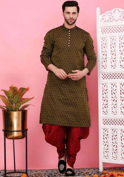Olive Woven Design Cotton Kurta Set For Men