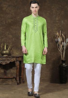 Lime Green Embroidered Silk Kurta Set For Men