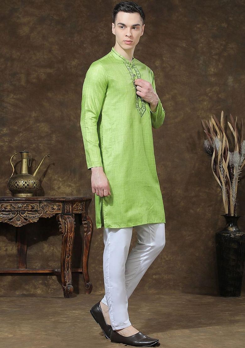 Lime Green Embroidered Silk Kurta Set For Men - Indya