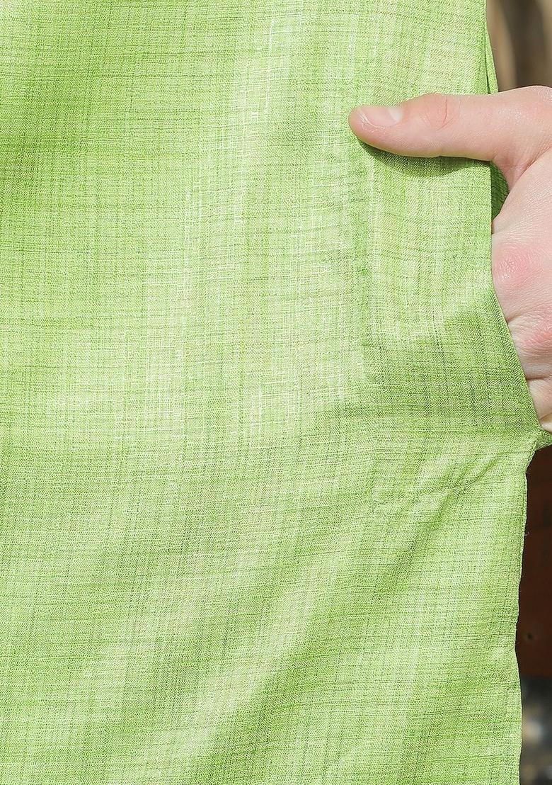 Lime Green Embroidered Silk Kurta Set For Men - Indya