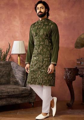 Olive Embroidered Silk Kurta Set For Men