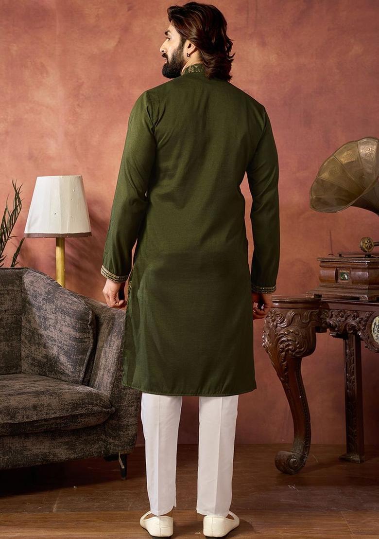 Olive Embroidered Silk Kurta Set For Men - Indya