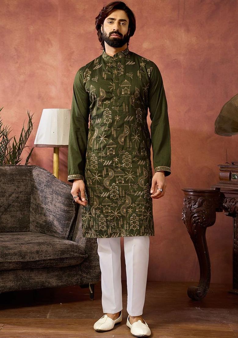 Olive Embroidered Silk Kurta Set For Men - Indya